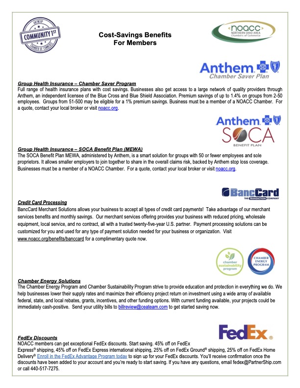 Northern Ohio Area Chambers of Commerce Cost-Saving Benefits for Chamber Members